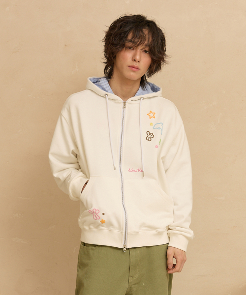 Star Dolphin Emboss Graphic Hood Zip Up IVORY