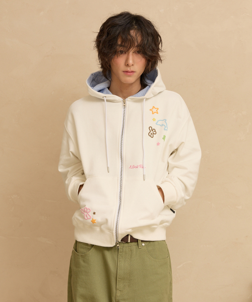 Star Dolphin Emboss Graphic Hood Zip Up IVORY