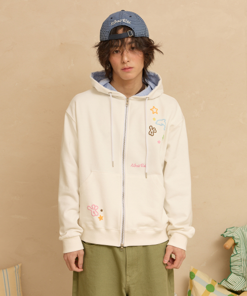 Star Dolphin Emboss Graphic Hood Zip Up IVORY