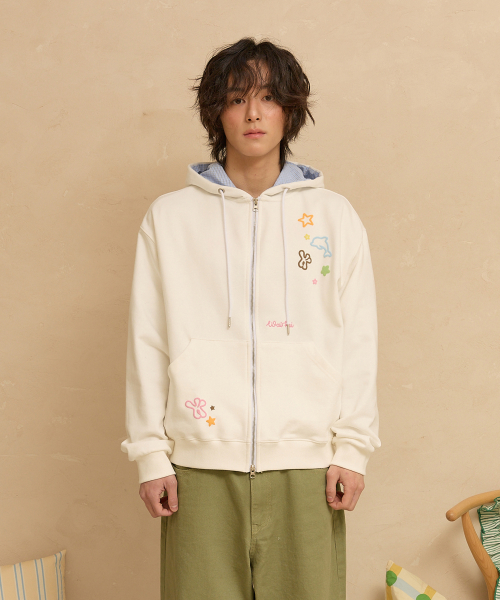 Star Dolphin Emboss Graphic Hood Zip Up IVORY