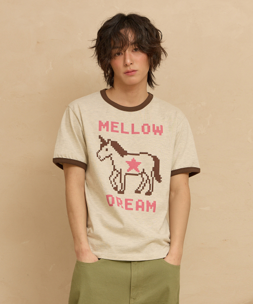 MELLOW DREAM Unicorn Ringer Half T-shirt OATMEAL