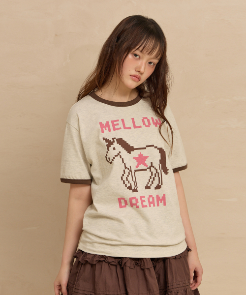 MELLOW DREAM Unicorn Ringer Half T-shirt OATMEAL