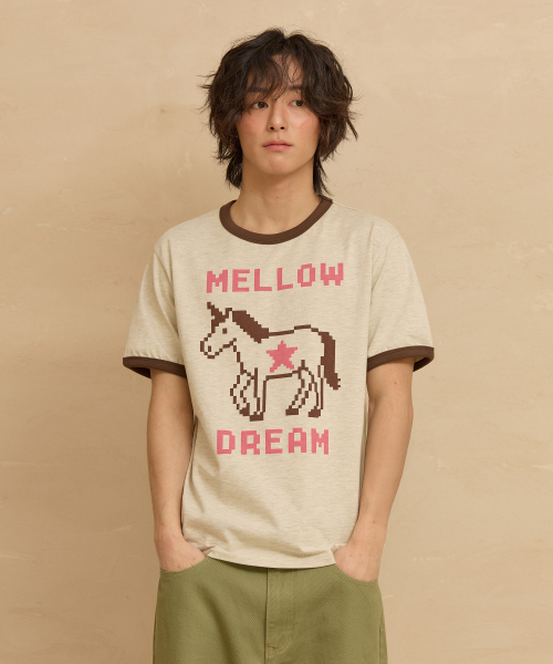 MELLOW DREAM Unicorn Ringer Half T-shirt OATMEAL