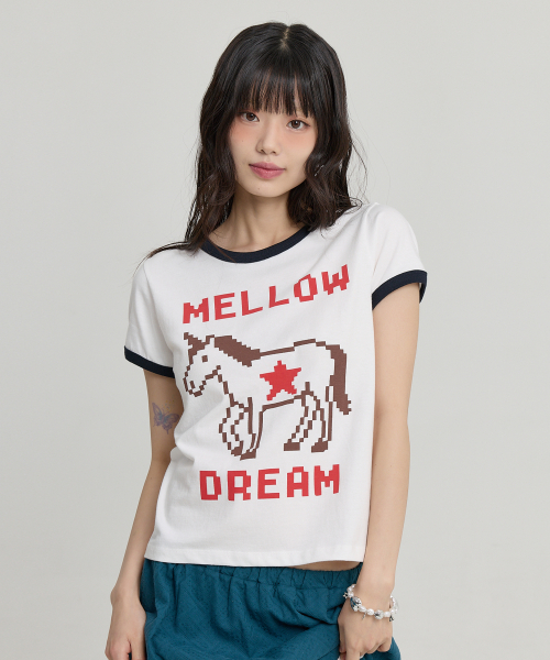 MELLOW DREAM Unicorn Ringer Half T-shirt IVORY