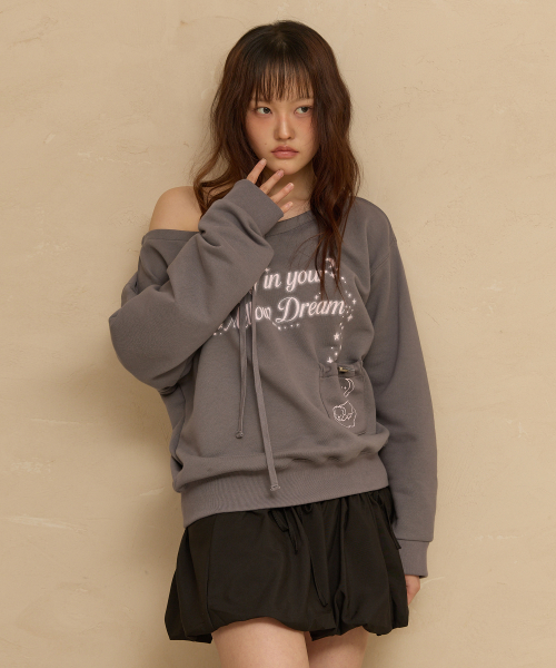 MELLOW DREAM Off Shoulder Sweatshirt CHARCOAL