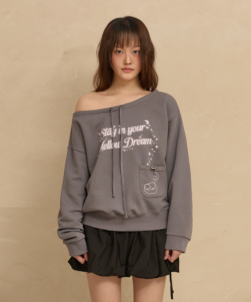 MELLOW DREAM Off Shoulder Sweatshirt CHARCOAL