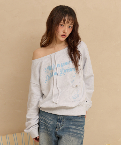 MELLOW DREAM Off Shoulder Sweatshirt MELANGE WHITE