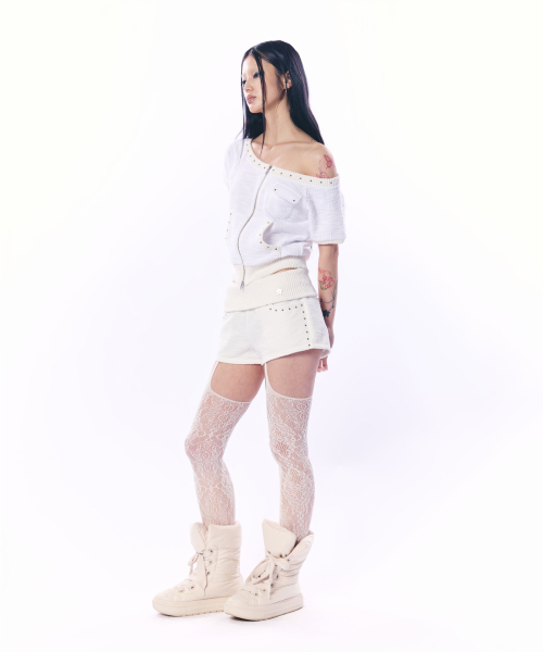 WIDE-NECK SHORT SLEEVE ZIP-UP / IVORY