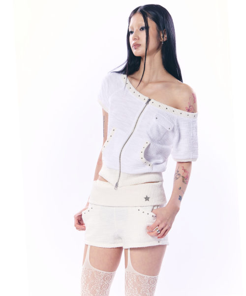 WIDE-NECK SHORT SLEEVE ZIP-UP / IVORY
