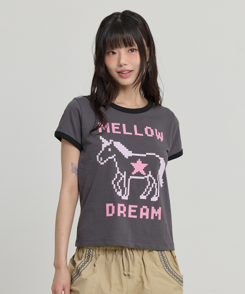 MELLOW DREAM Unicorn Ringer Half T-shirt CHARCOAL