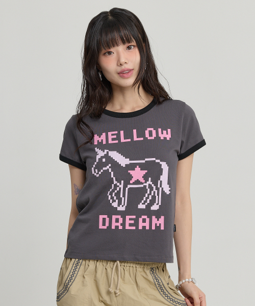MELLOW DREAM Unicorn Ringer Half T-shirt CHARCOAL