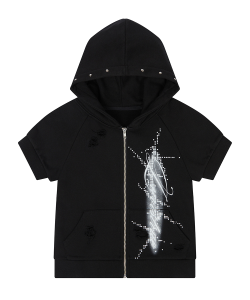 EL DAMAGE SHORT SLEEVED HOOD ZIP UP(BLACK)