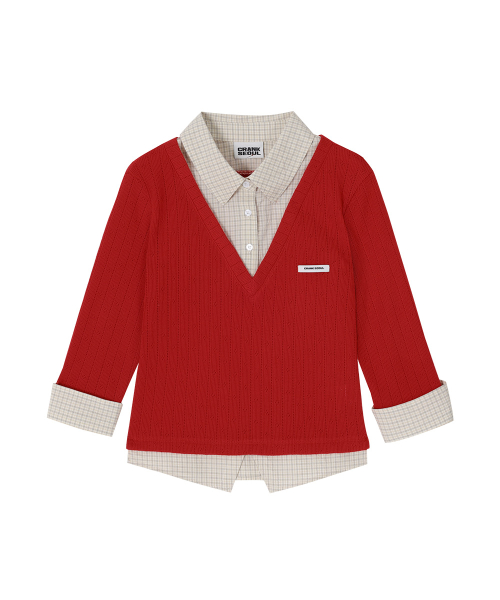 Knit Layered Check Shirt_Red