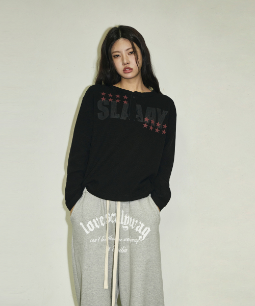 SLAAY 와플 헨리넥 롱 슬리브[블랙]