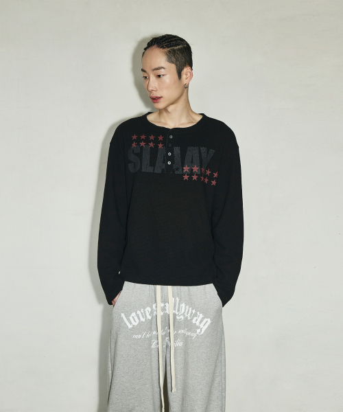 SLAAY 와플 헨리넥 롱 슬리브[블랙]