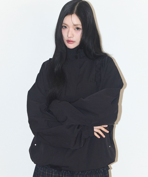 OBLIQUE FRILL HOODED JACKET CHECK BLACK