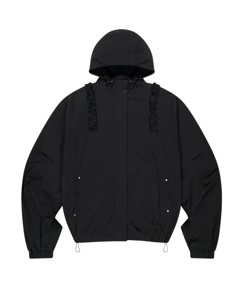 OBLIQUE FRILL HOODED JACKET CHECK BLACK