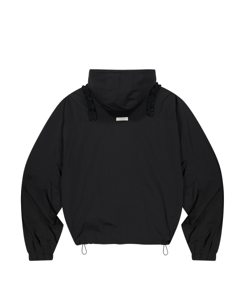 OBLIQUE FRILL HOODED JACKET CHECK BLACK