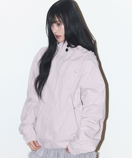 OBLIQUE FRILL HOODED JACKET CHECK PINK
