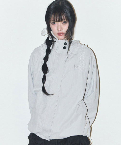 OBLIQUE FRILL HOODED JACKET CHECK GRAY