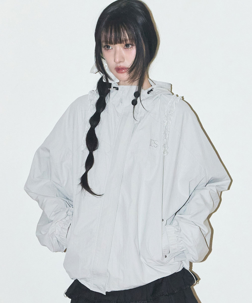 OBLIQUE FRILL HOODED JACKET CHECK GRAY