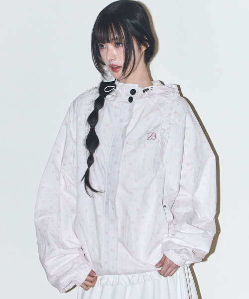 OBLIQUE FRILL HOODED JACKET CHECK FLOWER