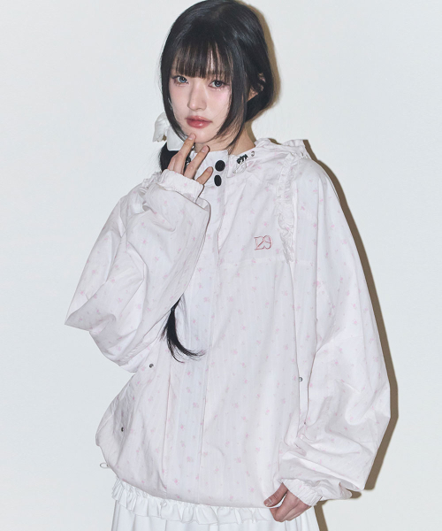 OBLIQUE FRILL HOODED JACKET CHECK FLOWER