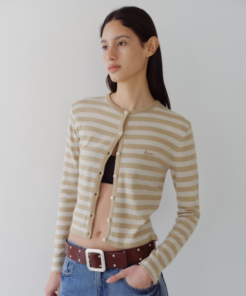 MERINO WOOL BLEND STRIPED CARDIGAN - BEIGE