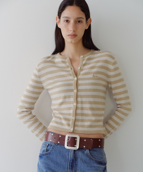 MERINO WOOL BLEND STRIPED CARDIGAN - BEIGE