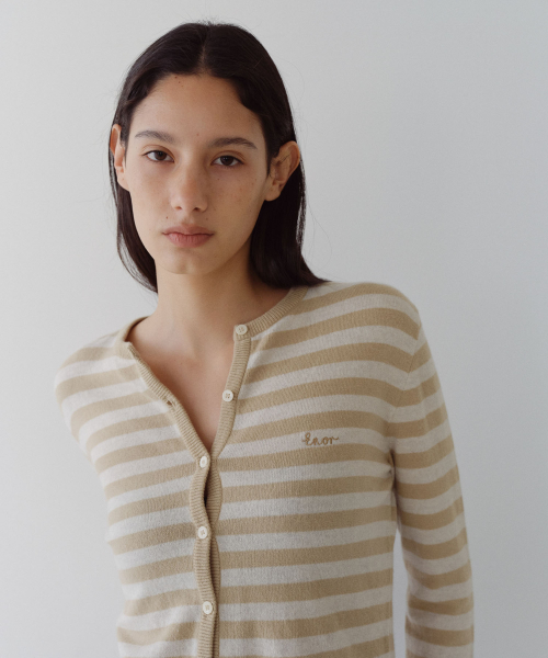 MERINO WOOL BLEND STRIPED CARDIGAN - BEIGE