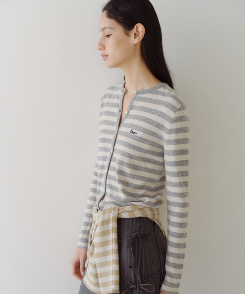 MERINO WOOL BLEND STRIPED CARDIGAN - GREY