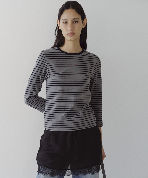 STRIPED 3/4 SLEEVE T-SHIRT - GREY