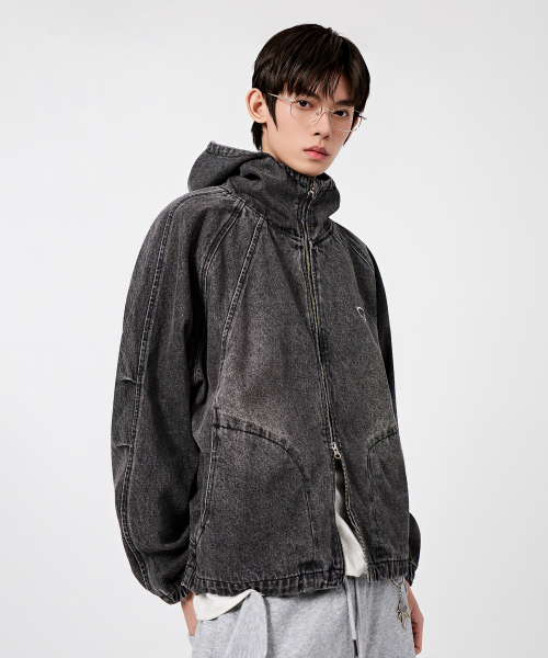BALACLAVA SLASH HOODED ZIP-UP_DENIM VINTAGE BLACK