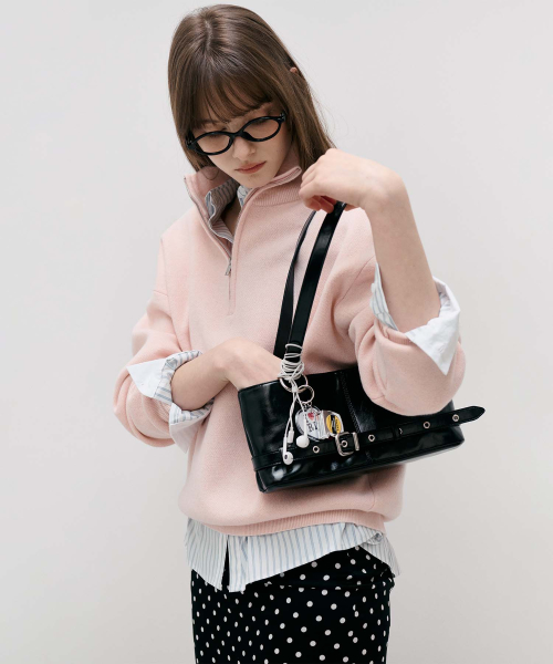 HIGH NECK KNIT HALF ZIP-UP PINK