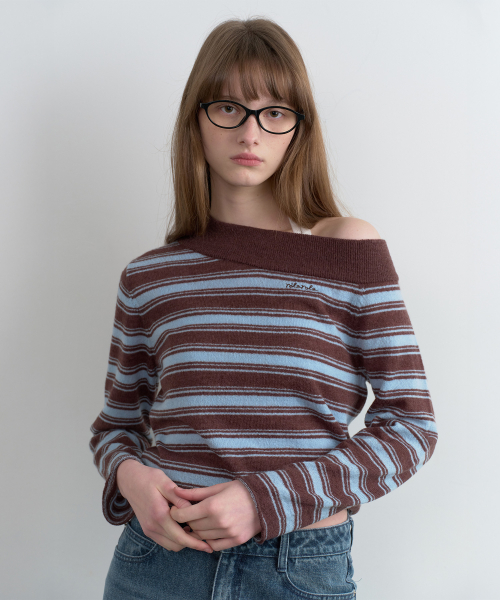 ONE OFF SHOULDER STRIPE KNIT BR+BL