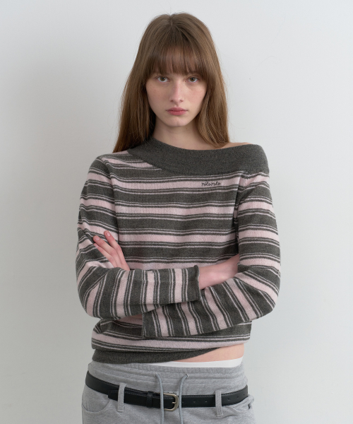ONE OFF SHOULDER STRIPE KNIT GY+PK