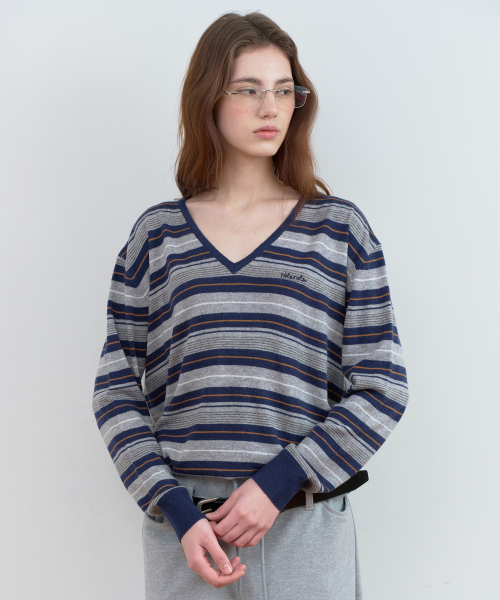 STRIPE V NECK KNIT NAVY