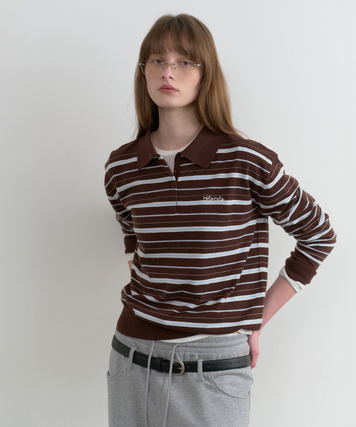 LOOSEFIT MULTI STRIPE COLLAR KNIT BROWN