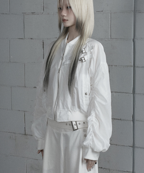 Chest Belt Tipstop Shirring Crop Jacket (White)