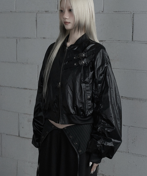 Chest Belt Tipstop Shirring Crop Jacket (Black)