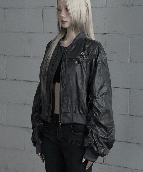 Chest Belt Tipstop Shirring Crop Jacket (Dark Gray)
