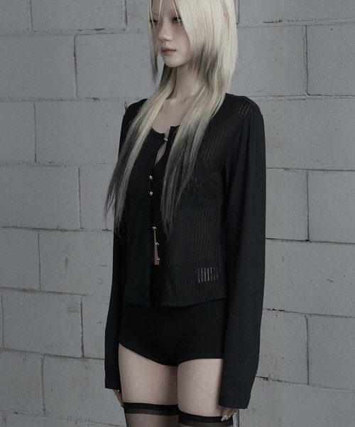 Unbal Color-Block Button Point Cardigan (Black)