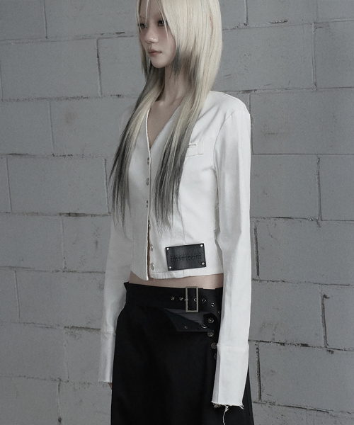 Back Diagonal Eyelet Collarless Crop Jacket (White)