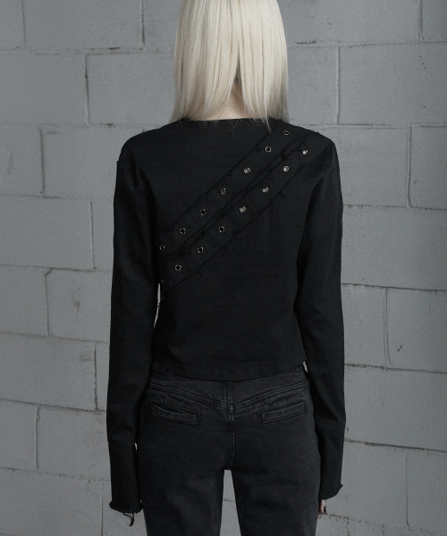 Back Diagonal Eyelet Collarless Crop Jacket (Black)