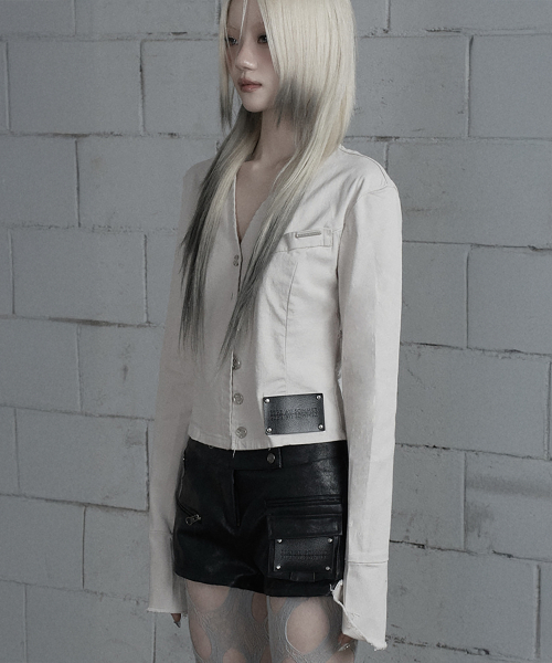 Back Diagonal Eyelet Collarless Crop Jacket (Beige)