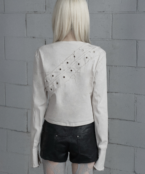 Back Diagonal Eyelet Collarless Crop Jacket (Beige)