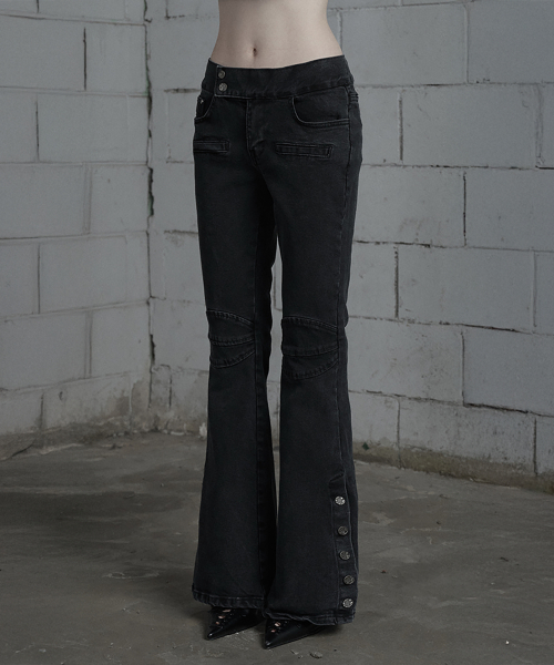 Double Knee Side Button Bootcut Denim Pants (Dark Gray)
