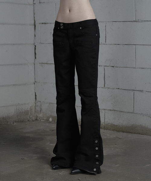 Double Knee Side Button Bootcut Denim Pants (Black)