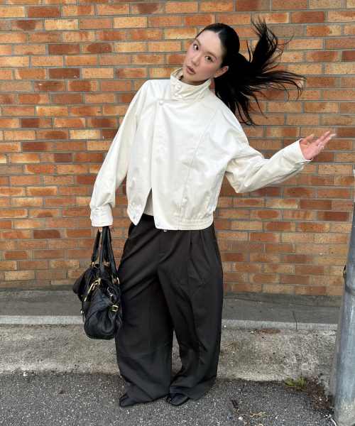 Curved Over Pintuck Slacks, CHARCOAL