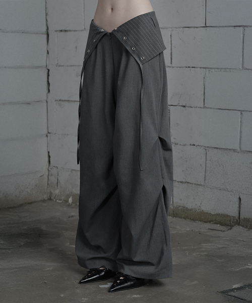 Panel Line Shirring Wide Slacks (Gray)